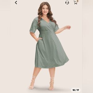 Green Puff Sleeve Midi Dress with V-Neck
